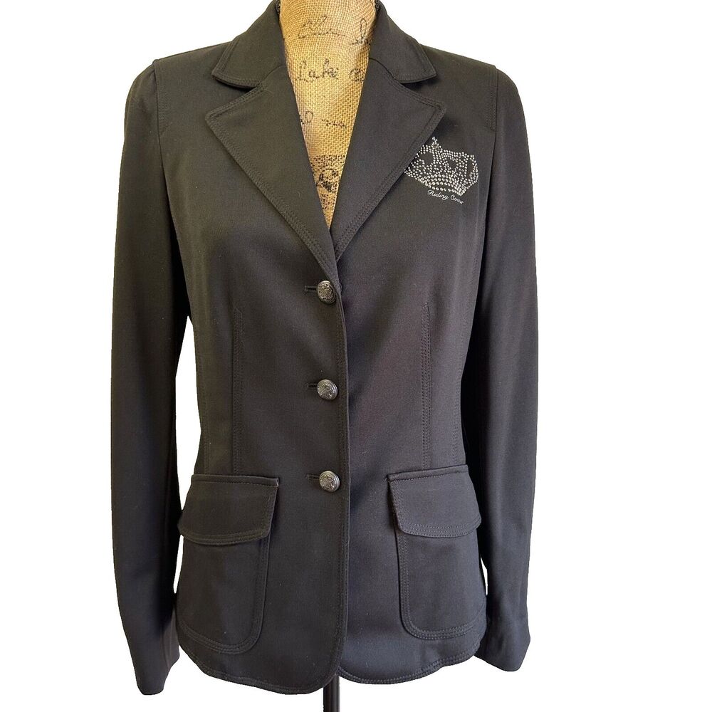 Ambiente Women's Black Suit Jacket Padded Shoulders Rhinestone Logo Sz 8
